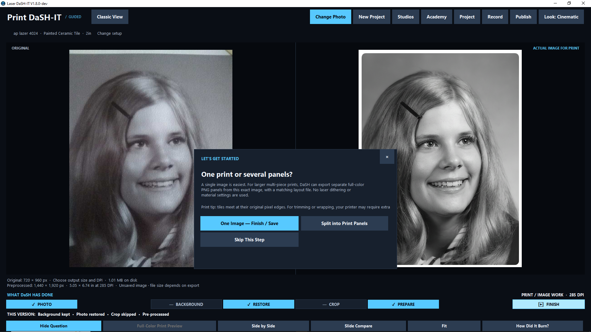 Print DaSH-IT guided view showing an original portrait beside its restored result, with options to save one image or split into print panels.