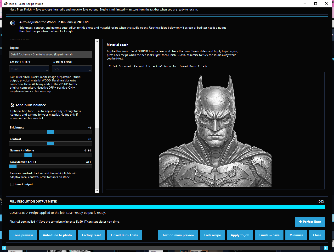 Actual Laser Recipe Studio screenshot in v1.8 development; Detail Alchemy is experimental