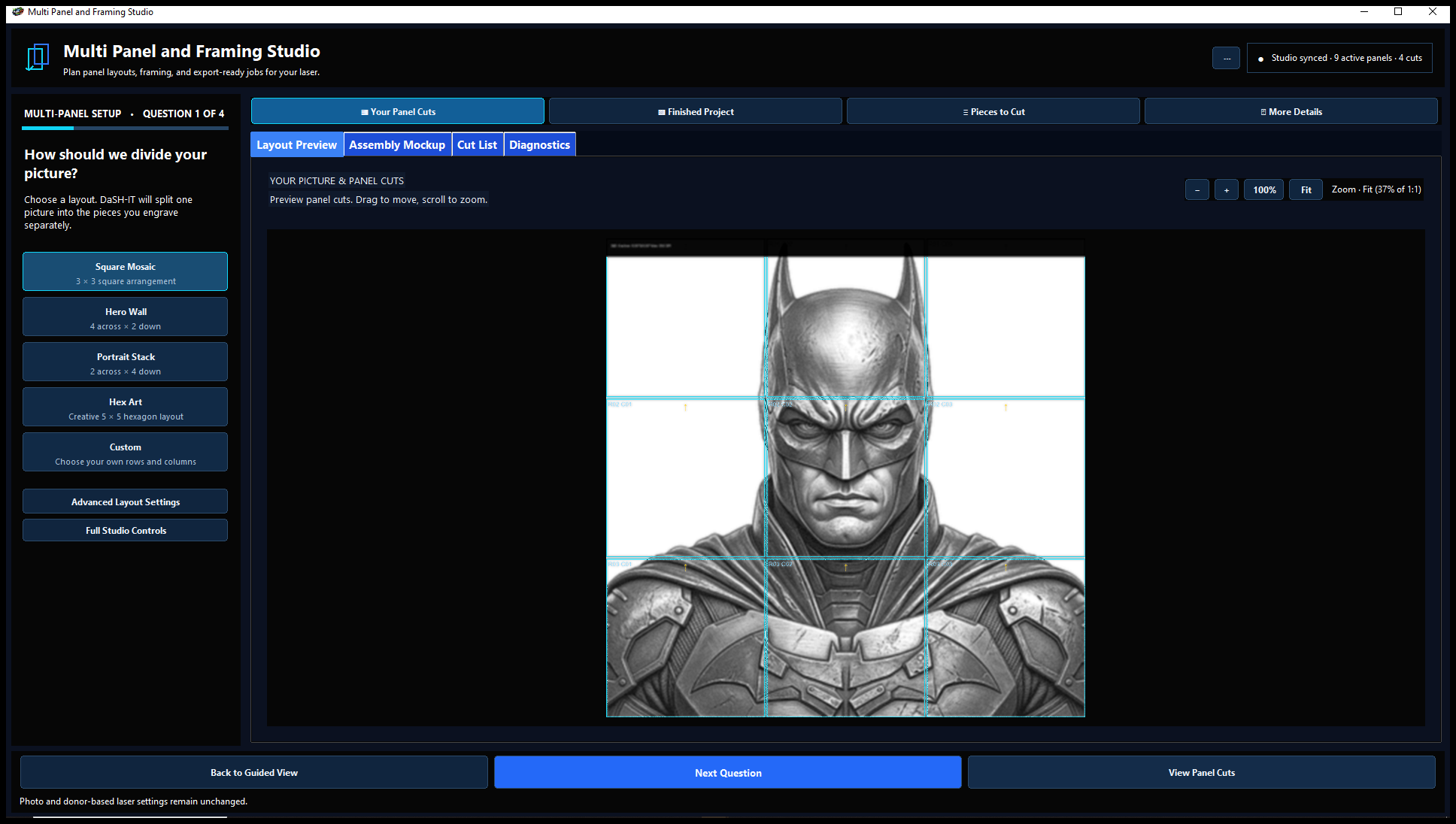 Actual three by three panel layout in Laser DaSH-IT v1.8 development